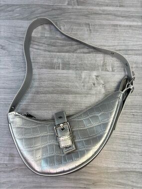 superdown Silver Croc-Embossed Crescent Shoulder Bag with Buckle